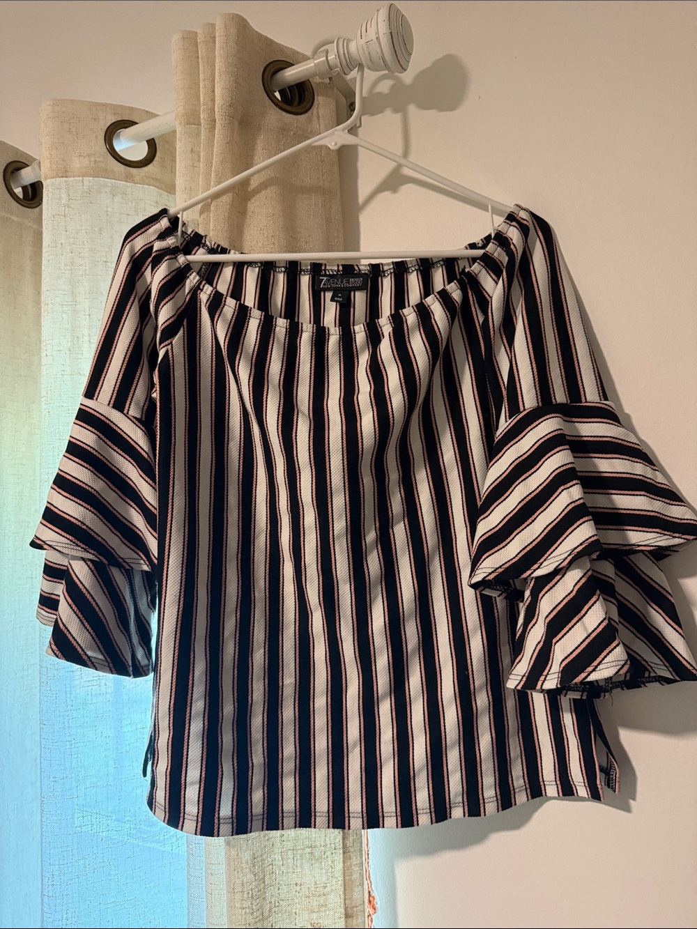 Zenana Striped Off-Shoulder Ruffle Sleeve Top - Black, White & Brown